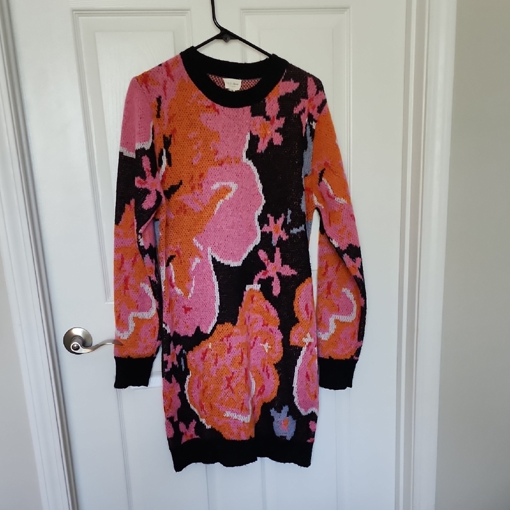 Floral Patterned Sweater Dress - Black, Pink, Orange